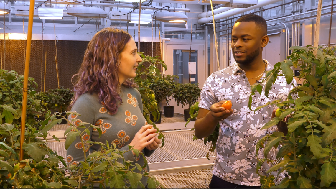 two people talk in front of plants