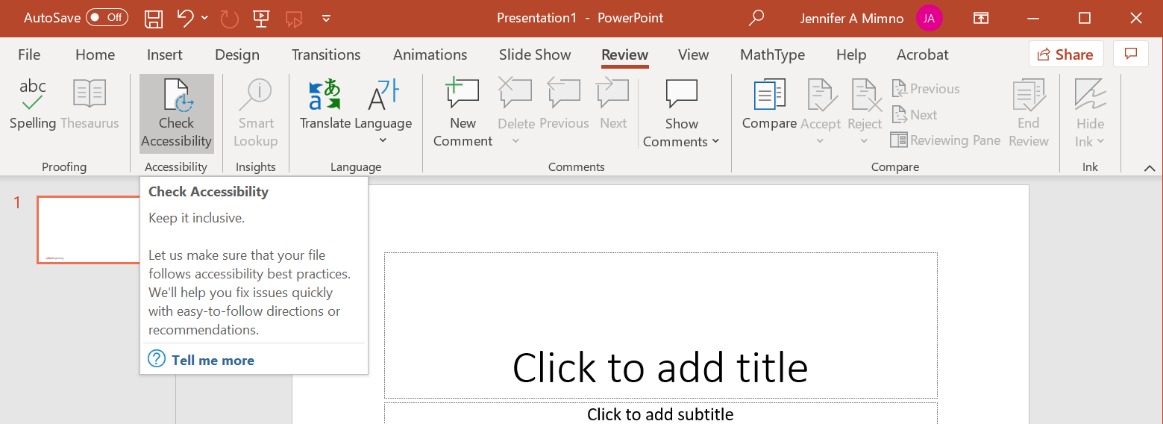 Screen shot of PowerPoint View menu showing the Check Accessibility tool