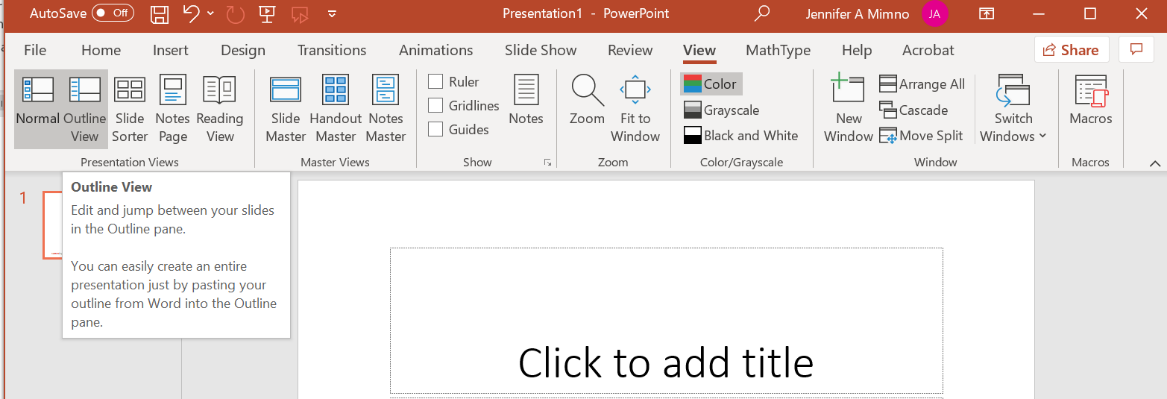 Screen shot of PowerPoint menu under View with Outline View option highlighted