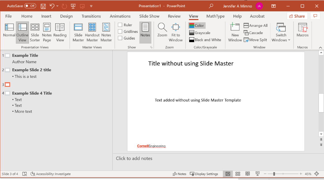 Screen shot of PowerPoint Outline view showing how only content made with slide master appears in outline