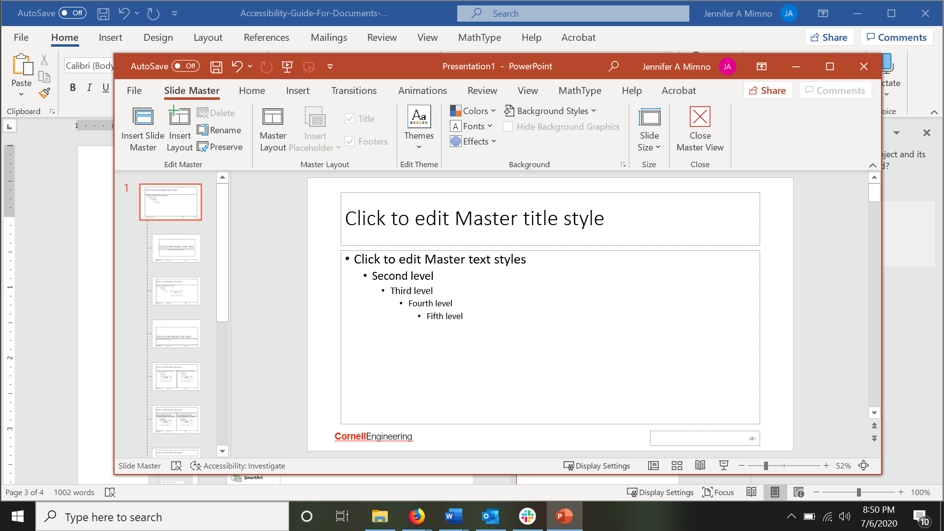 Screen shot of PowerPoint slide master view demonstrating adding logo to top level master slide