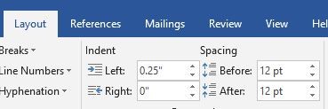 A screenshot of Word Layout tab showing how to change the spacing before and after paragraphs
