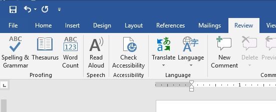 Image showing the navigation menus in Word, with the review tab open and "check accessibility" circled.