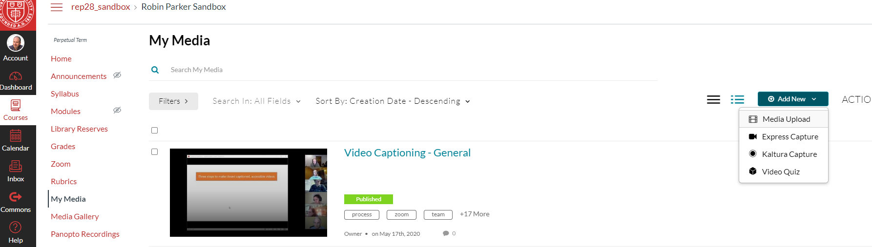 Screenshot of Canvas class page in My Media section