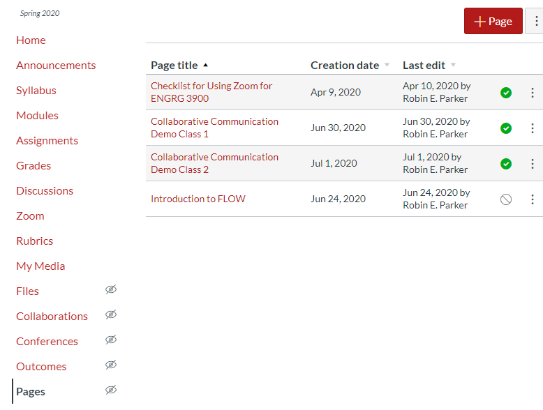 Screenshot of Canvas class page pages section