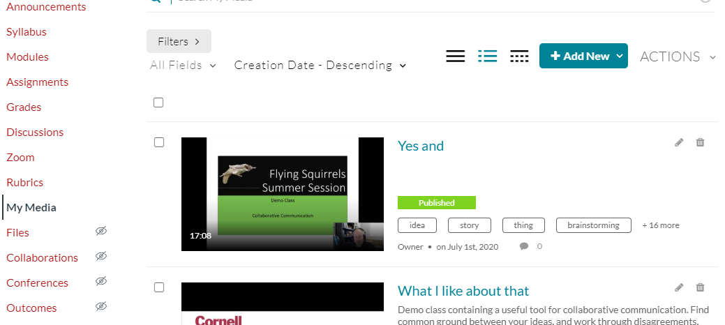 Screenshot of My Media area of Canvas Class Page