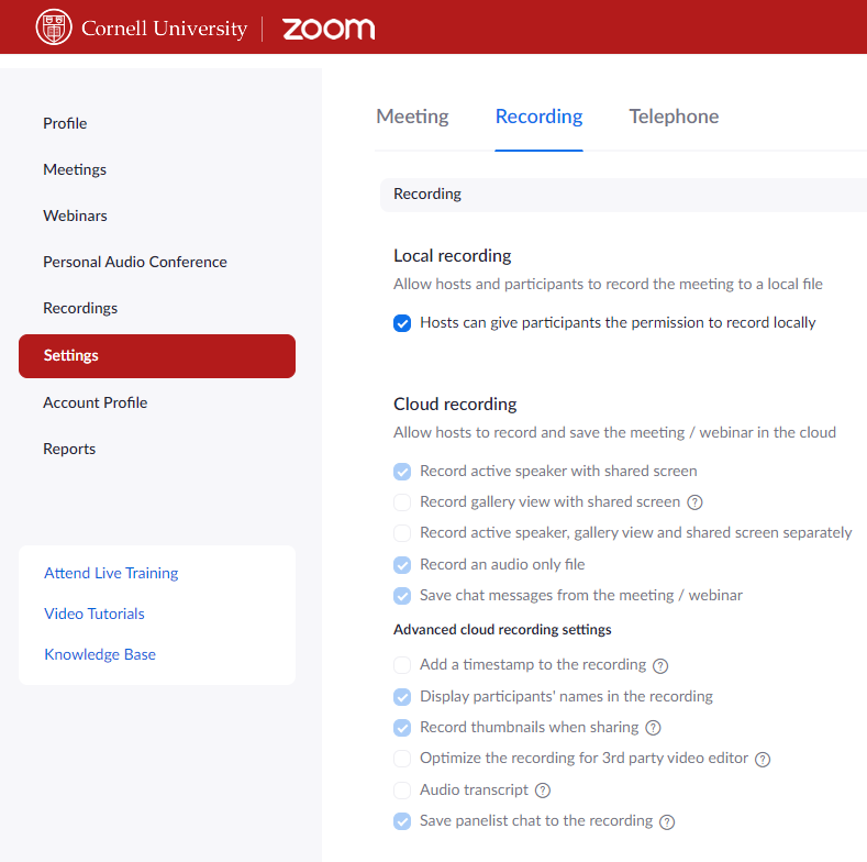 Screenshot of Cornell Zoom webpage