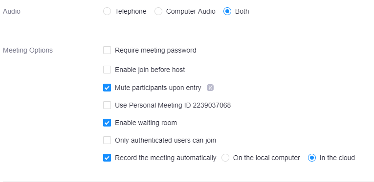 Screenshot of meeting settings