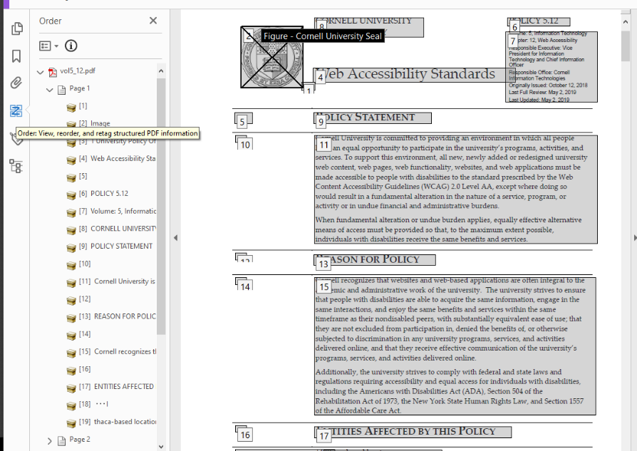 Screen shot of PDF with Order icon selected, showing the reading order of all the elements of the PDF page
