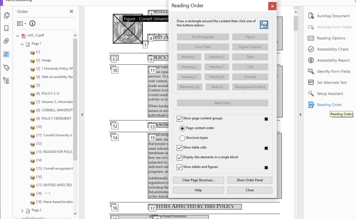 Screen shot of a PDF with the Reader Order tool opened