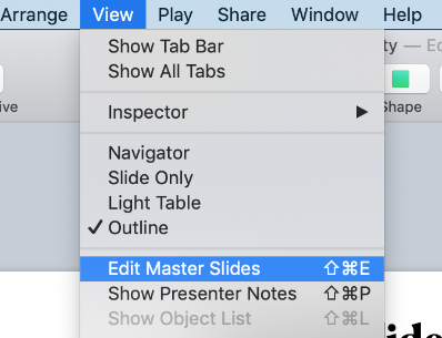 Screenshot of Apple Keynote showing navigation to Edit Master Slides from View Menu