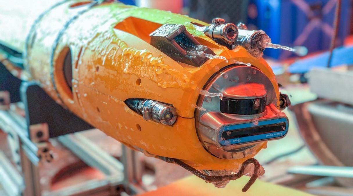 torpedo-like robot with icicles hanging from it