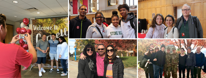 Collage of Cornell students and their families in various locations on campus