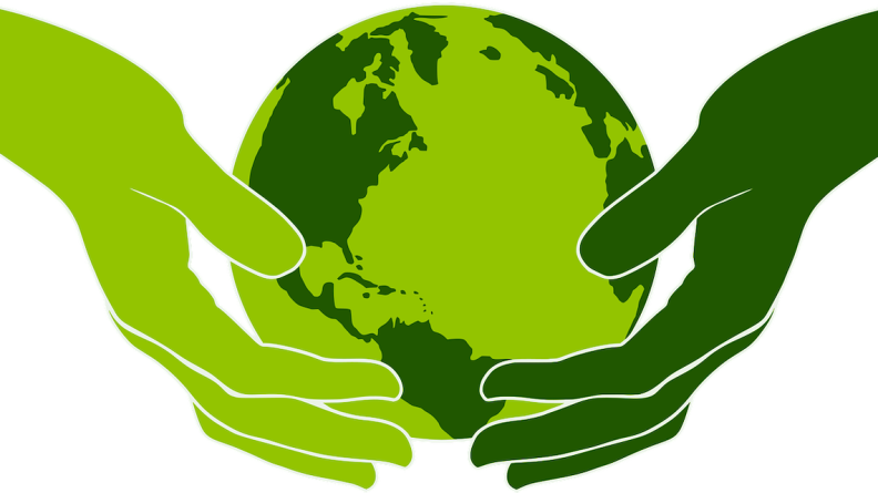 Illustration of two green hands holding a green globe